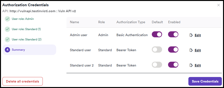 Credentials form showing default user selection option