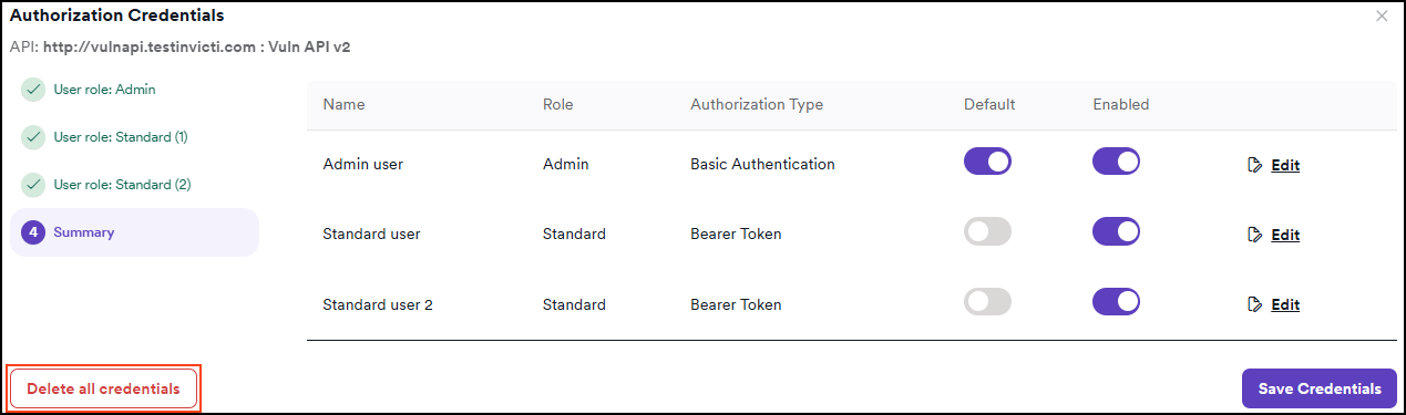 Authorization dialog showing Delete all credentials button
