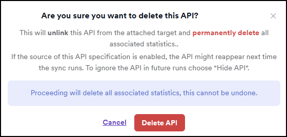 Pop up message showing warning for permanently removing APIs from catalog