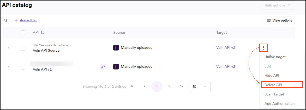 Three dots menu showing Delete API option for permanently removing APIs from catalog