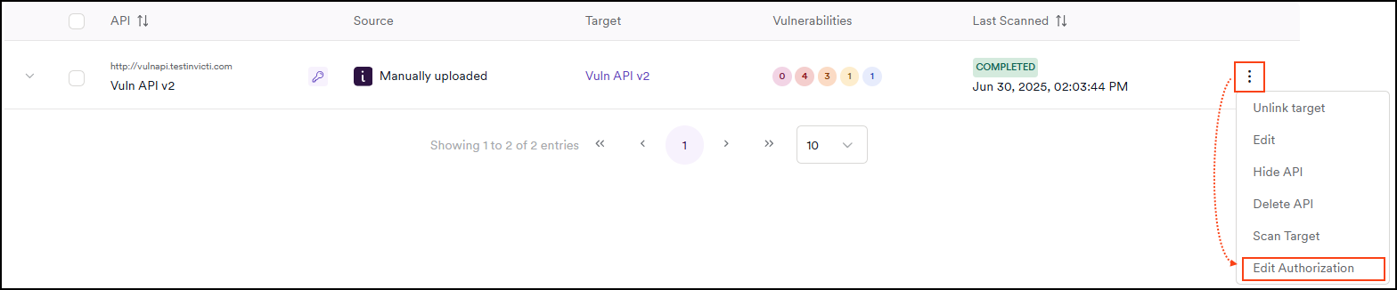API catalog showing the three-dot menu with Edit authorization option
