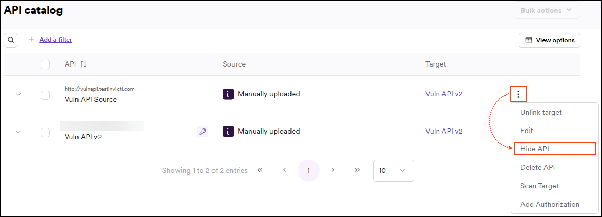 Three dots menu showing Hide API option for managing API visibility
