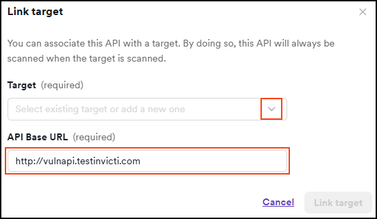 Link target dialog showing API Base URL