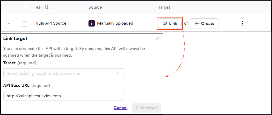Link target dialog showing dropdown menus for target and API base URL selection