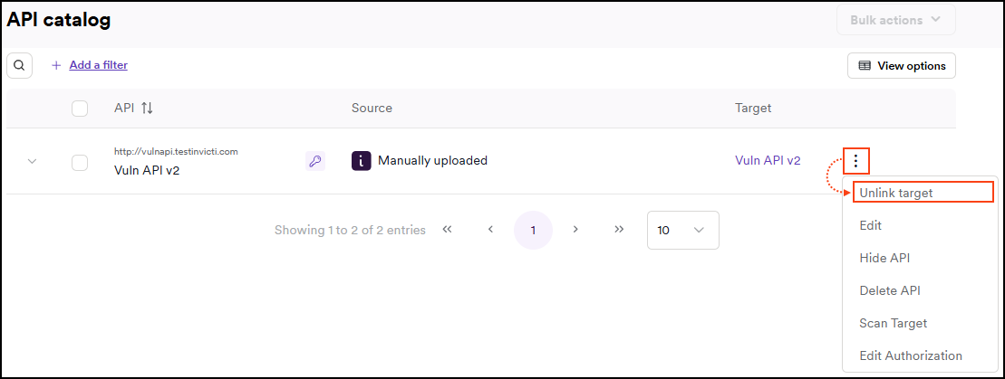 API catalog showing three-dot menu with Unlink target option