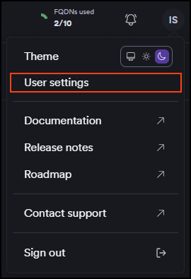Click your initials and select User settings.