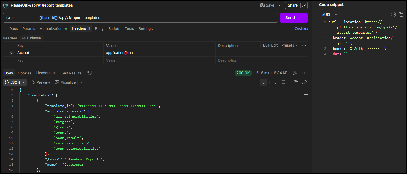 Get the report template id or use one from the list.