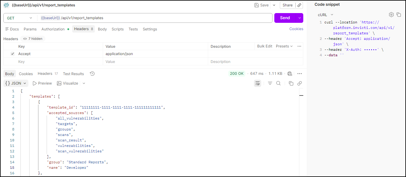 Get the report template id or use one from the list.