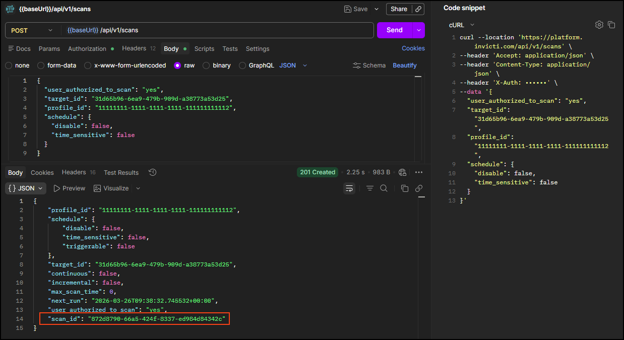 Launch a scan and note the scan_id.