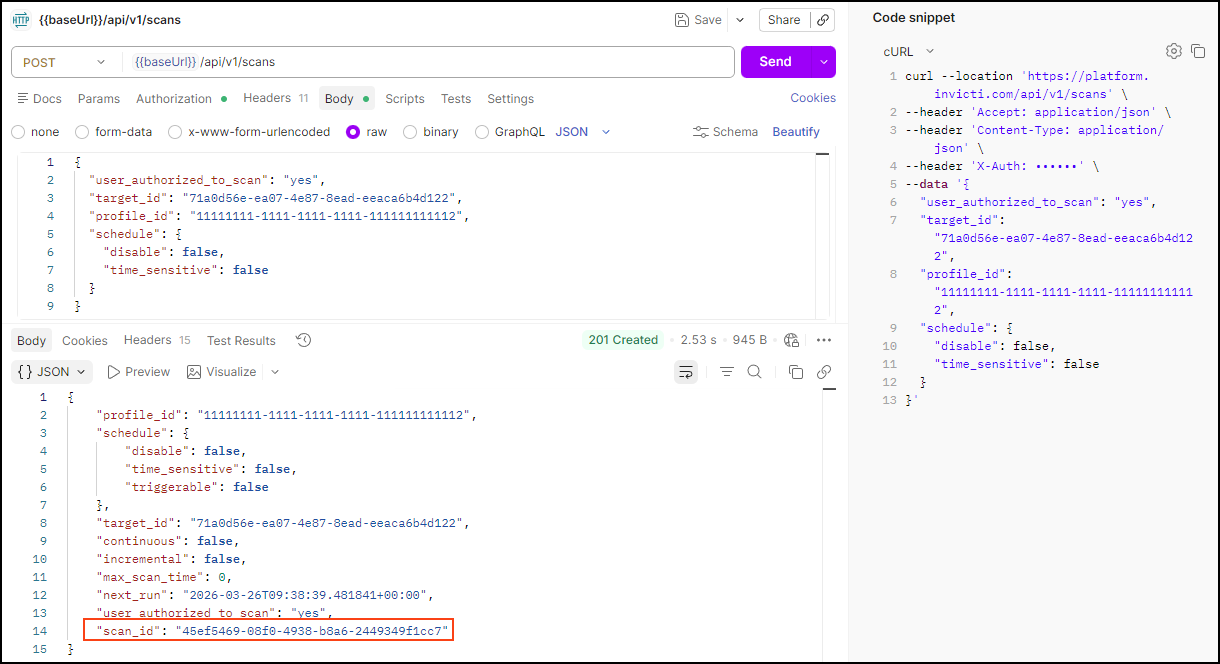 Launch a scan and note the scan_id.