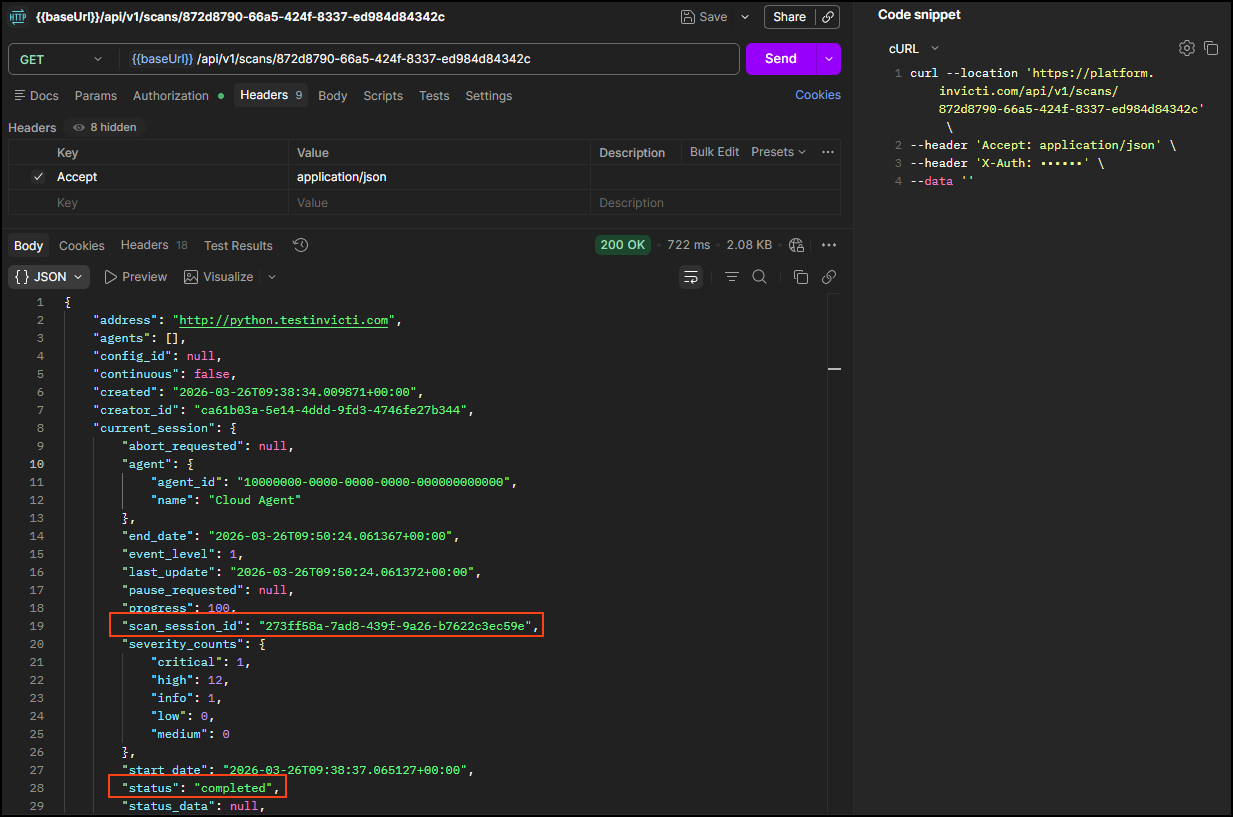 Monitor the scan by running this GET request and note the scan_session_id and the scan_id.