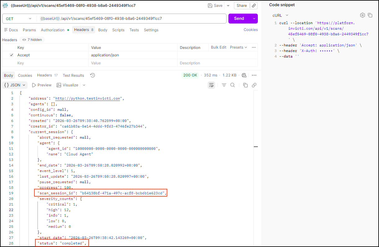 Monitor the scan by running this GET request and note the scan_session_id and the scan_id.