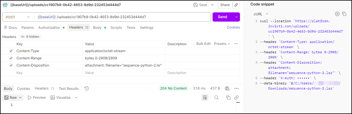 Use this POST request to upload the .lsr file.