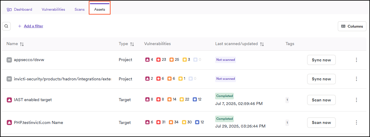 Assets tab in the Application dashboard.