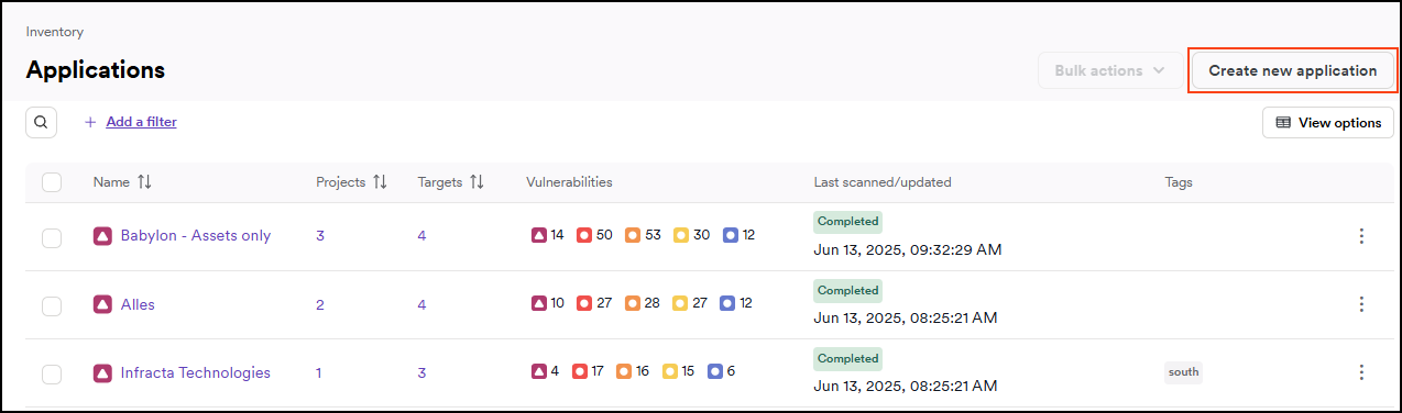 Create new application button.