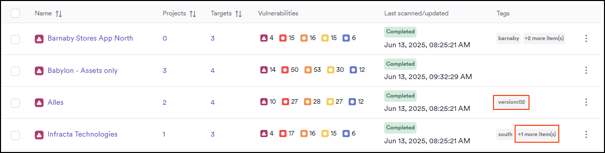 Application list with added tags.