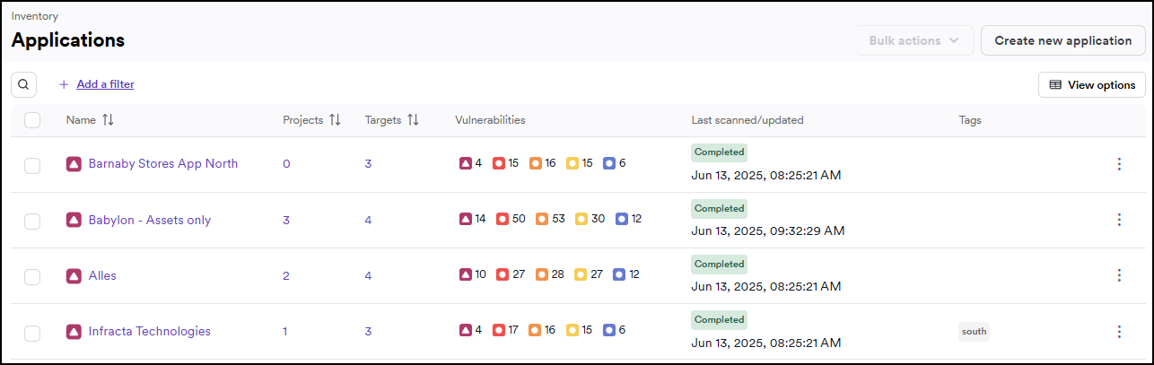Application list with newly created application.