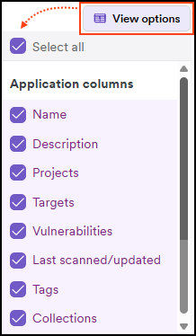 View options to change the columns displayed on Applications page.