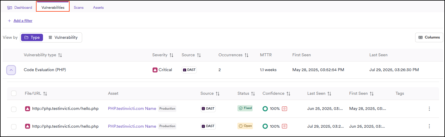 Vulnerabilities tab in the Application dashboard.
