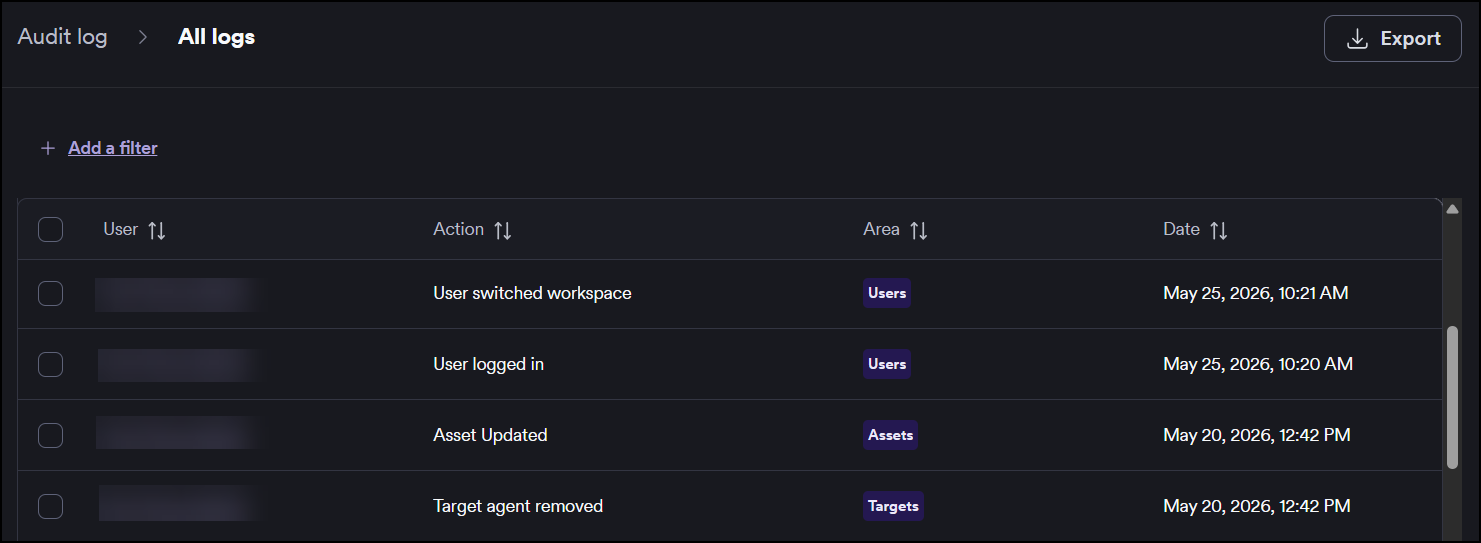 Audit log page in Invicti Platform.