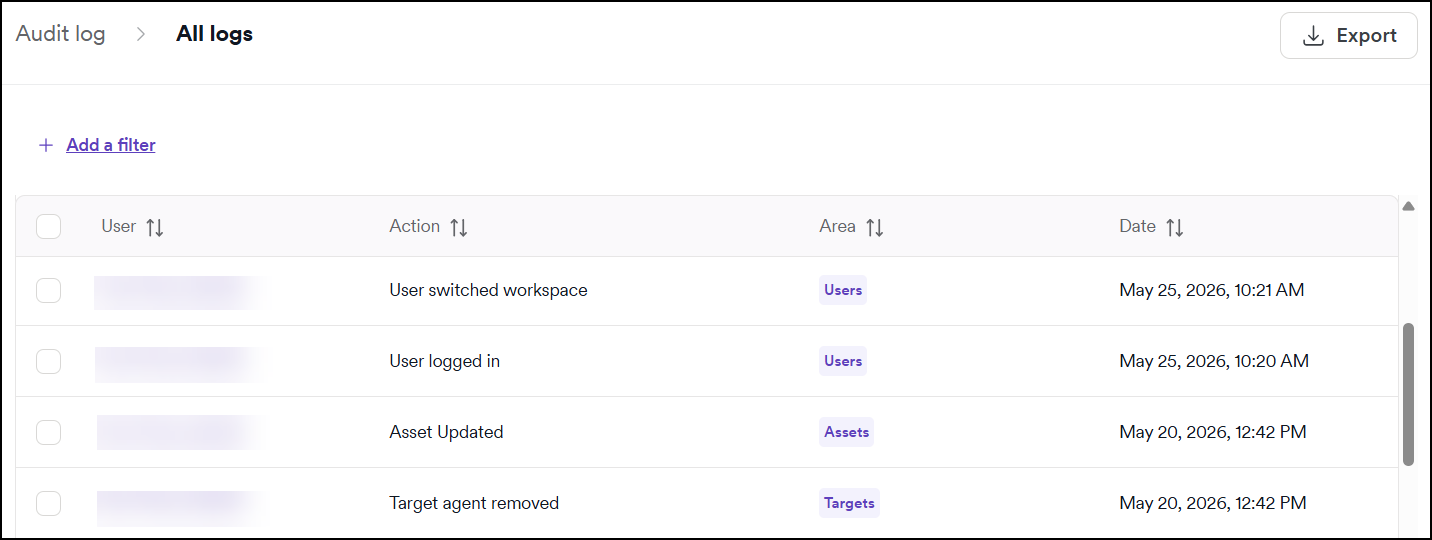Audit log page in Invicti Platform.