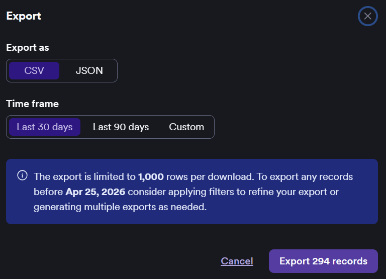Export dialog showing format and time-frame options in Invicti Platform.