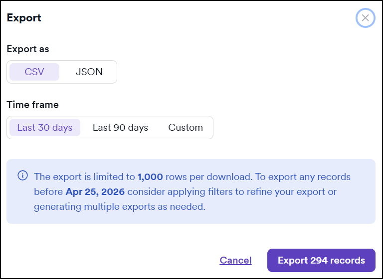 Export dialog showing format and time-frame options in Invicti Platform.
