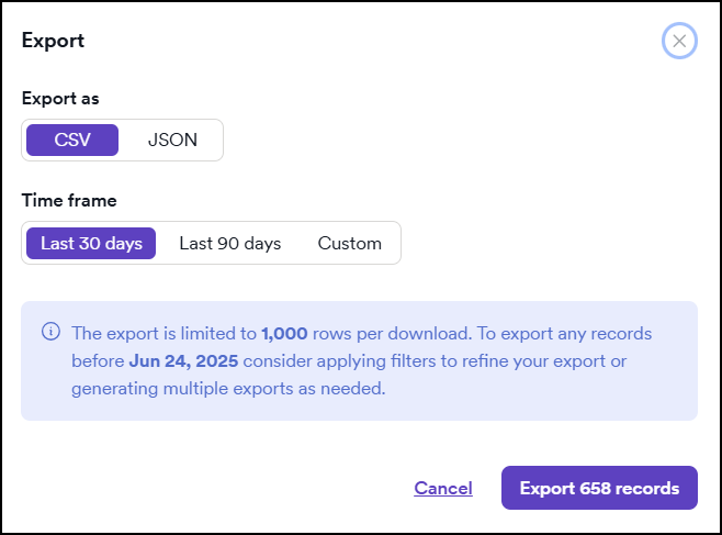 Option to export audit logs as CSV of JSON file in Invicti Platform.