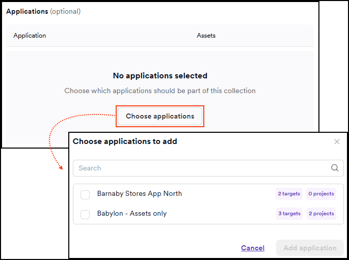 Choose applications dialog for collection