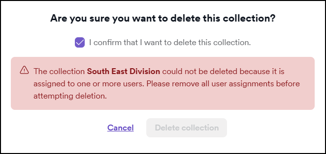 Collection could not be deleted error message