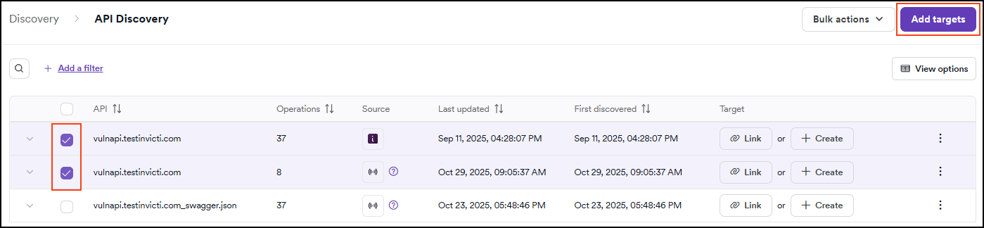 Selected APIs with bulk create targets option
