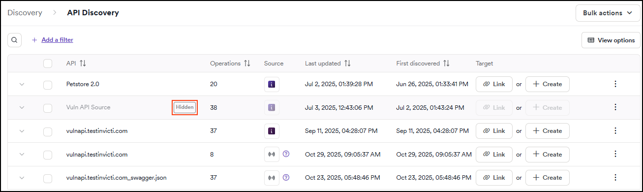 API discovery showing hidden APIs that have a linked target.