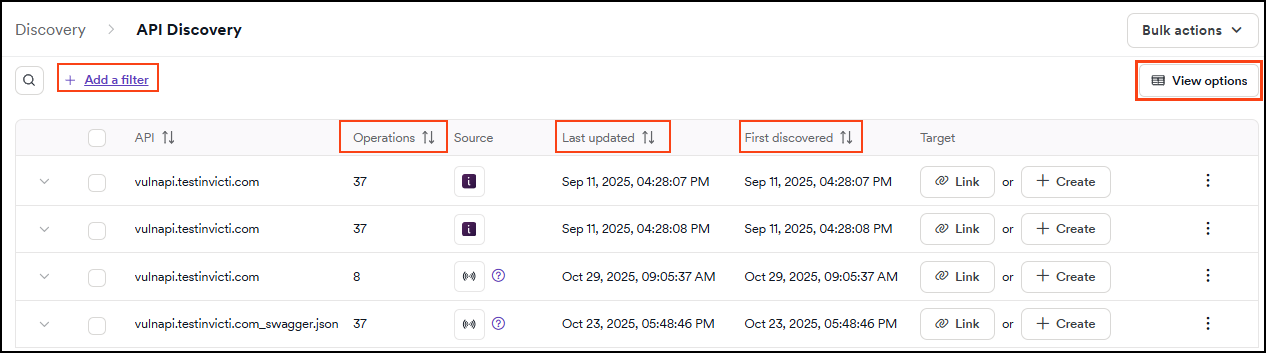 API discovery table showing filtering columns.