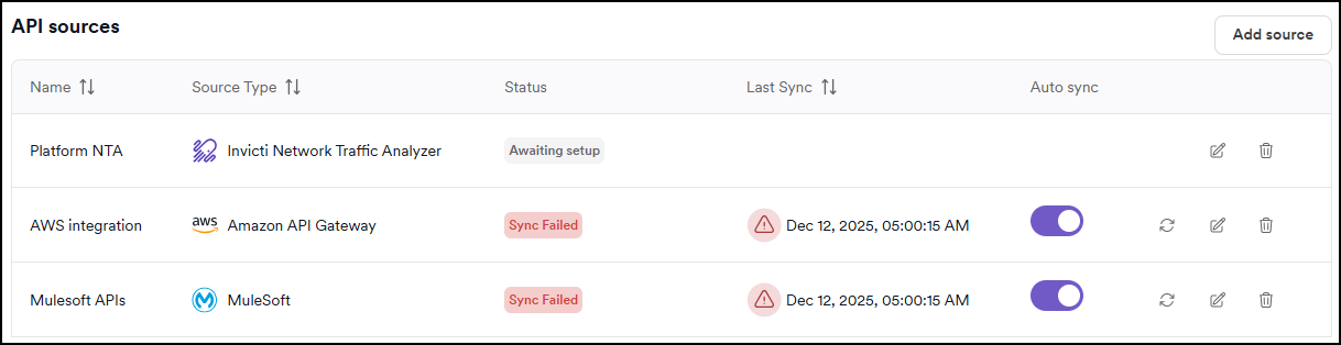 API sources showing a list of all configured API sources.