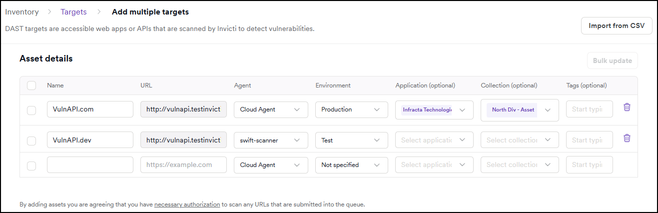 Bulk / multiple create targets configuration page