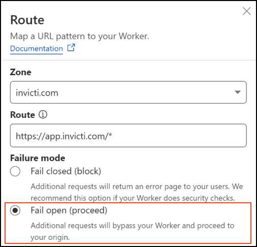 Cloudflare Worker settings tab with Fail open selected