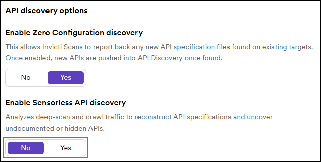 API discovery options with the Enable Sensorless API discovery set to no.