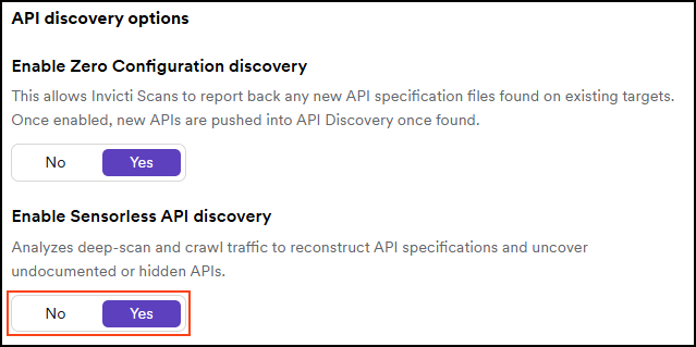 API discovery options with the Enable Sensorless API discovery set to yes.