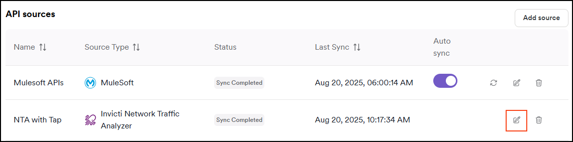 API sources page showing existing sources with edit options