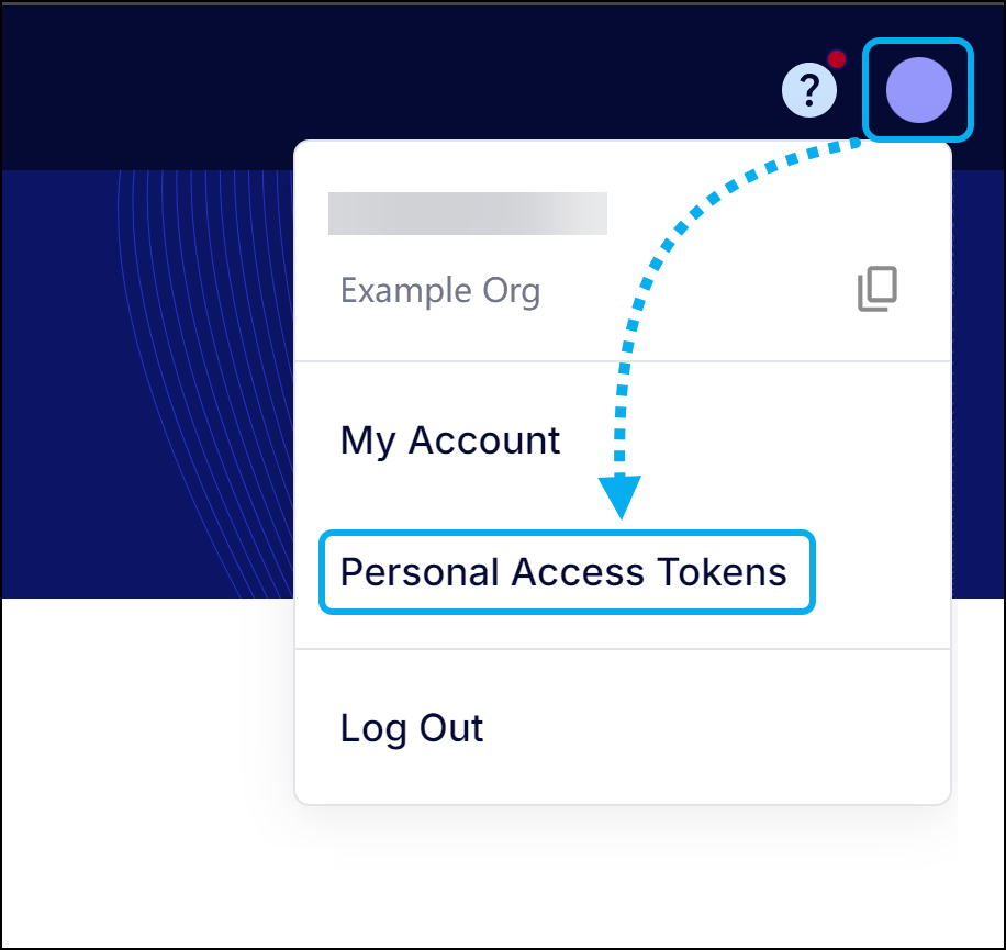 Profile icon dropdown menu with Personal access tokens option highlighted