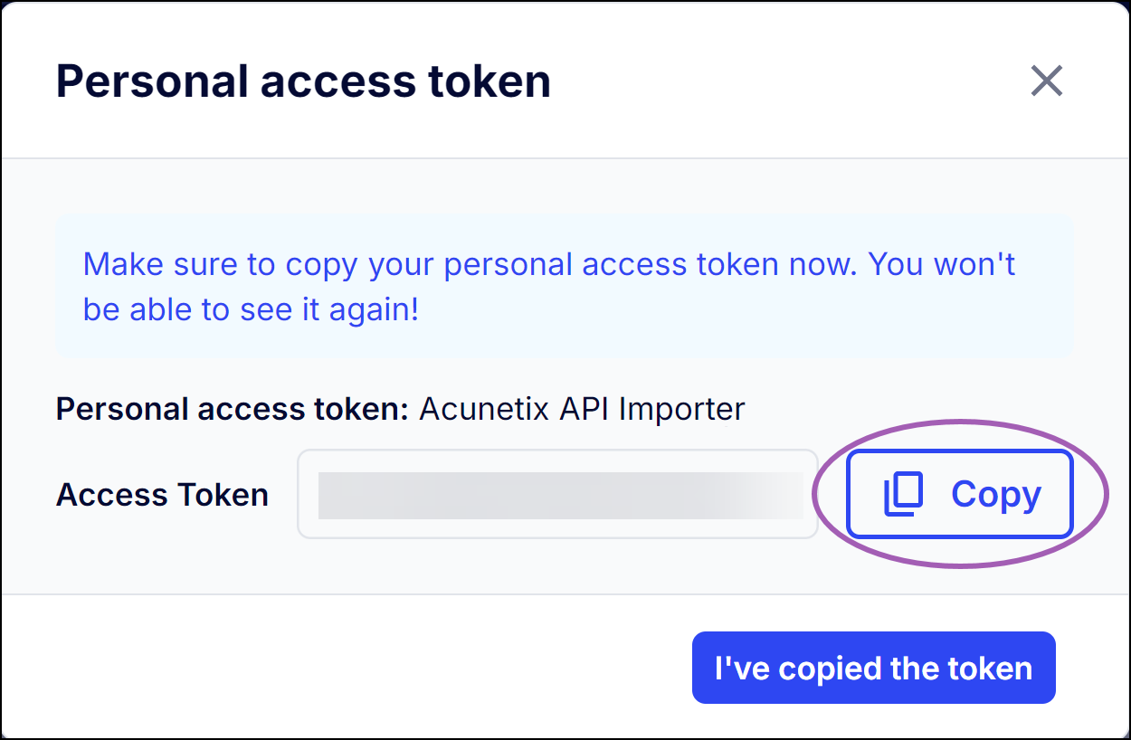 Generated token display with Copy button to save the token