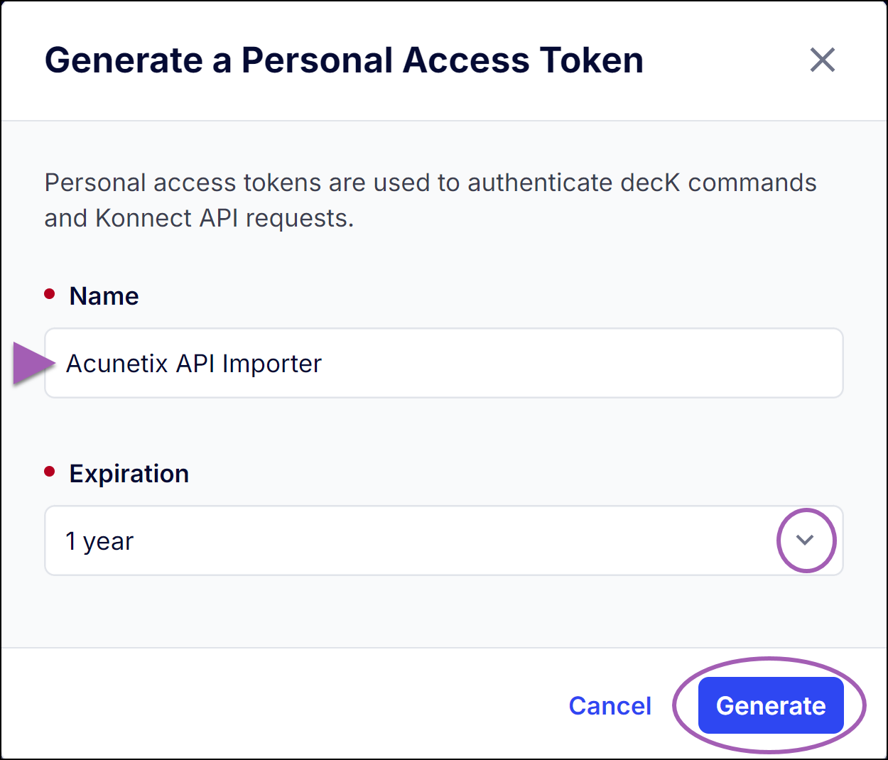 Generate token form with Name and Expiration fields
