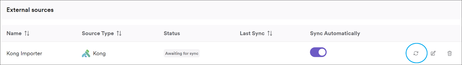 API sources page with sync icon and automatic sync toggle