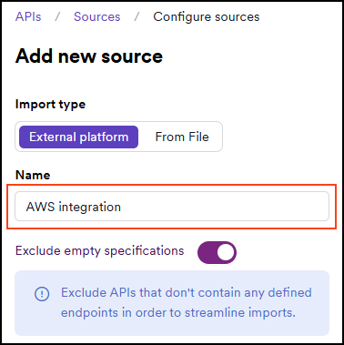 Select API sources interface