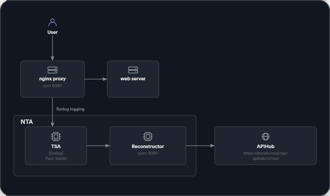 Architecture diagram showing NGINX proxy forwarding Syslog access logs to the NTA components (TSA and Reconstructor), which send reconstructed API data to APIHub