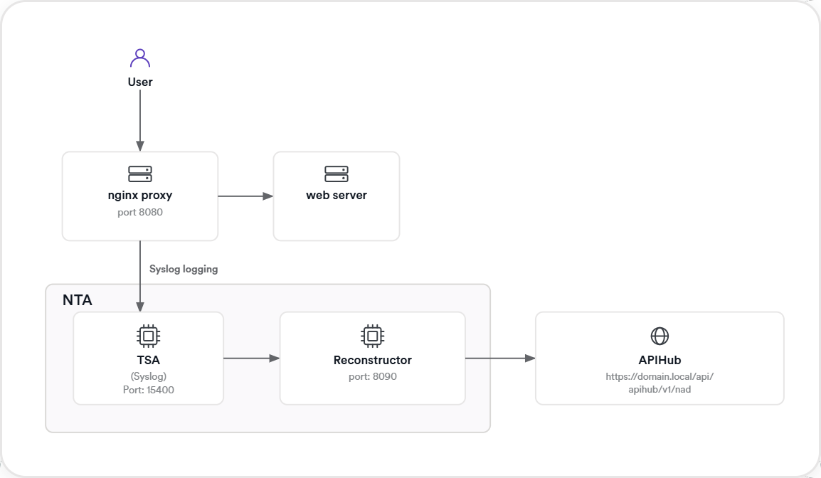 Architecture diagram showing NGINX proxy forwarding Syslog access logs to the NTA components (TSA and Reconstructor), which send reconstructed API data to APIHub