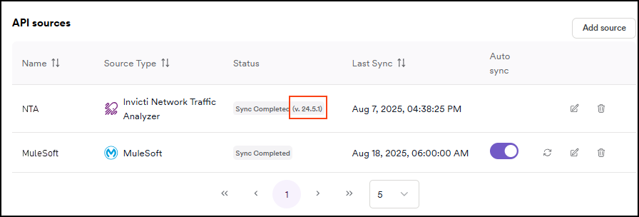 Discovery Configuration page showing API sources table with NTA entry and status column