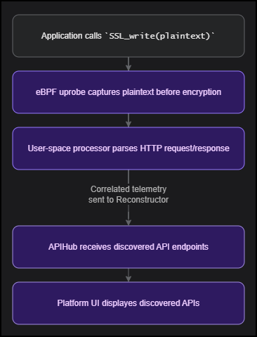 eBPF Sniffer data flow: from SSL_write call through eBPF uprobe, user-space parsing, Reconstructor, APIHub, to Platform UI