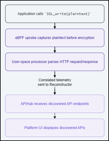 eBPF Sniffer data flow: from SSL_write call through eBPF uprobe, user-space parsing, Reconstructor, APIHub, to Platform UI