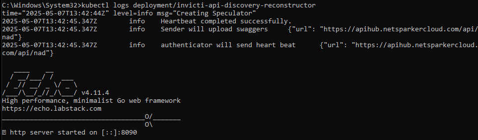 Kubernetes terminal output showing TSA and Reconstructor logs with structured HTTP request data from NGINX Syslog forwarding